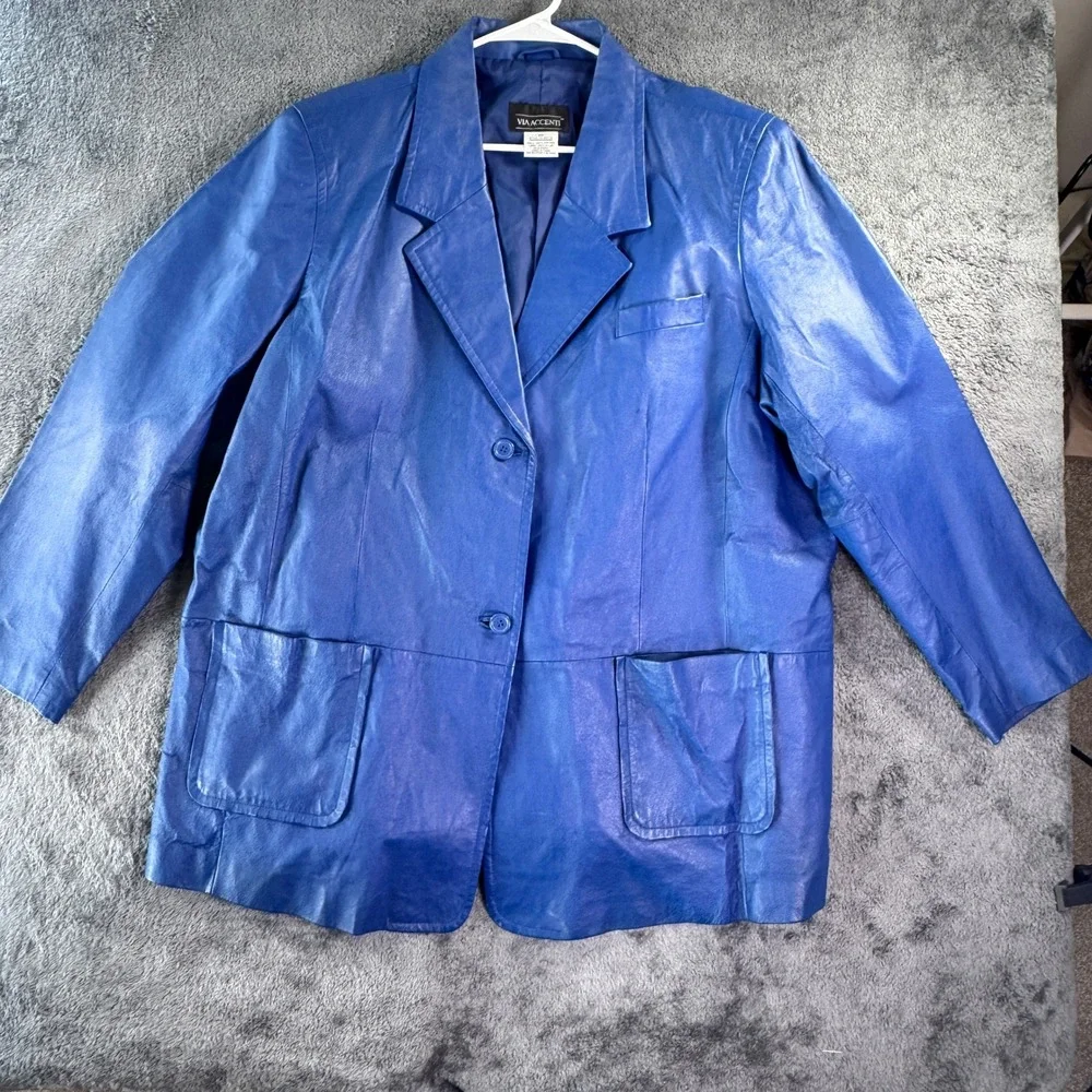 Via Accenti Blue Leather Blazer Jacket Womens Size 18 Cobalt Blue Vintage Style‎